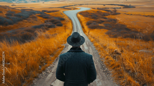 A man, donning a hat and coat, stands at a crossroads in a golden grass field