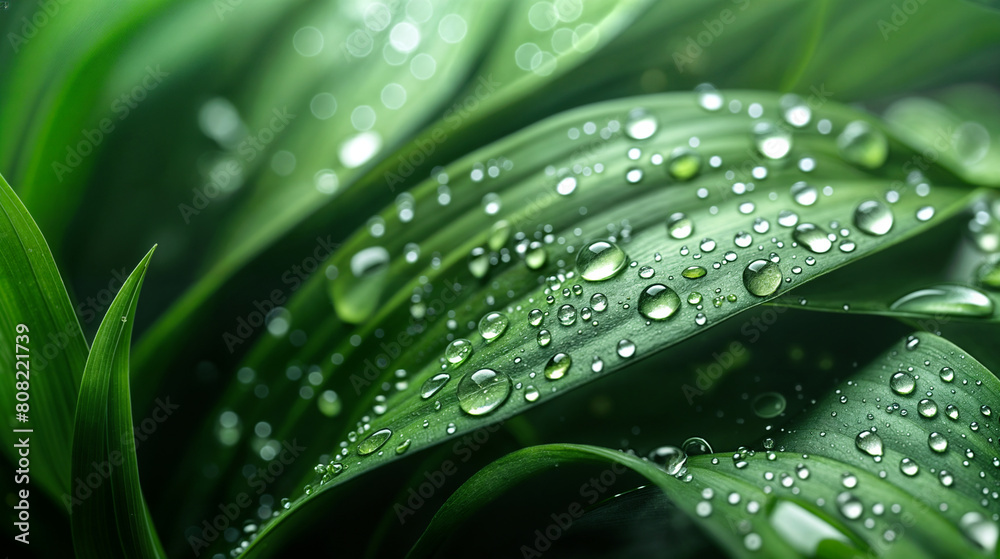 Raindrops Adorn Vibrant Green Leaves, Creating a Tapestry of Glistening Jewels Against a Dreamy Bokeh Light Background Raindrops Adorn Vibrant Green Leaves, Creating a Tapestry of Glistening Jewels Against a Dreamy Bokeh Light Background