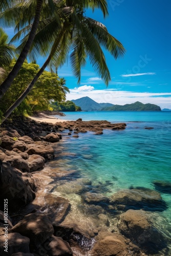 Tropical paradise with distant mountains and clear blue sky