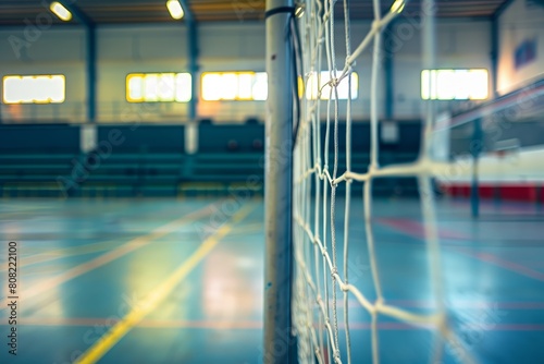 Empty indoor basketball court with net