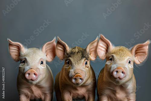 Trois cochons alignés sur fon bleu photo