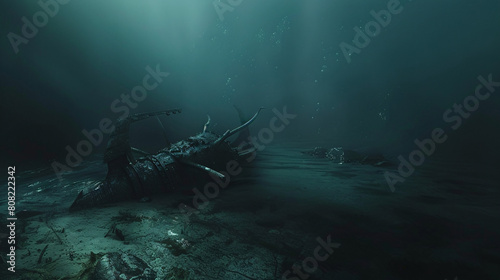 Sunken ship in ocean depths, with light rays piercing the darkness. photo