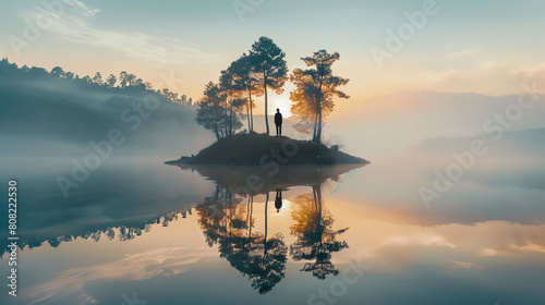 At sunrise, a man stands on a serene island surrounded by tranquil waters,