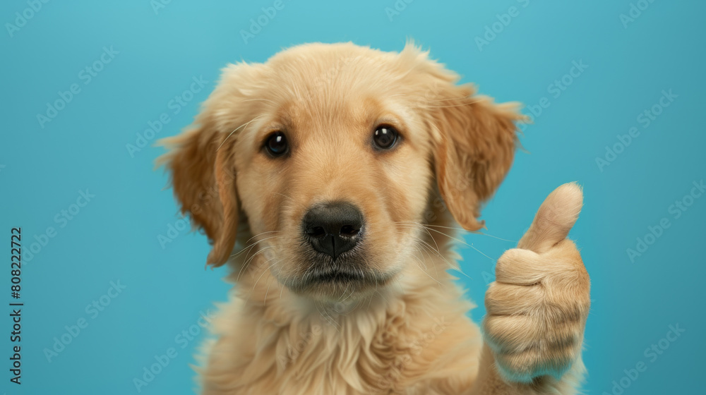 Cute Golden Retriever Puppy with Shiny Golden Fur and Attentive Expression, Raising Paw Against a Teal Background Cute Golden Retriever Puppy with Shiny Golden Fur and Attentive Expression, Raising Paw Against a Teal Background
