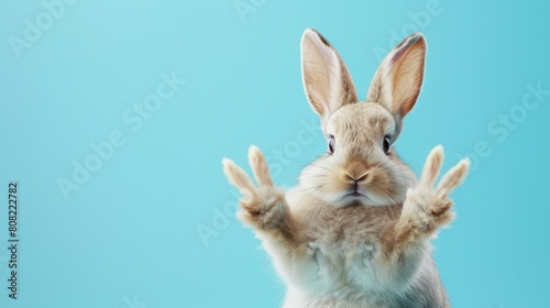 Playful Tan Rabbit With Paws Raised High, Peace Sign Set Against a Calming Aqua Blue Background, Signaling Joy and Playfulness