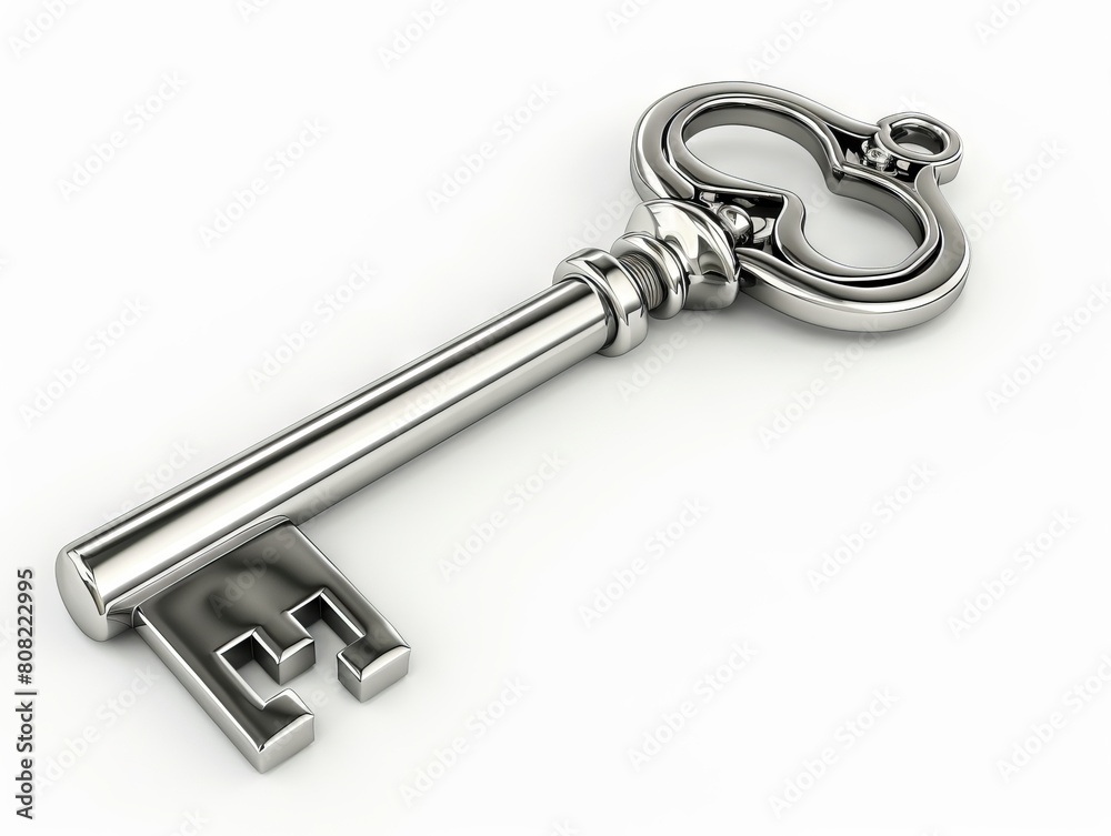 A silver key with a heart shape on a white background. A silver key with a heart shape on a white background.