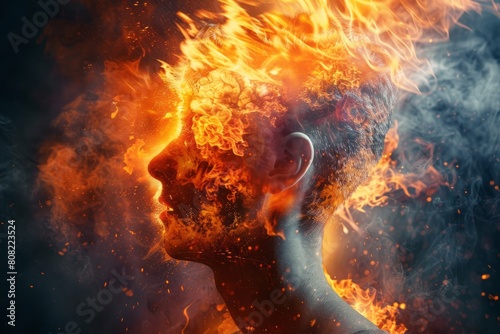 Human head ablaze with fierce orange flames