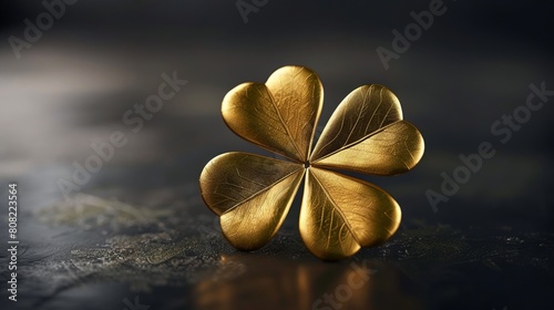 A gold four leaf clover brooch on a black surface. photo