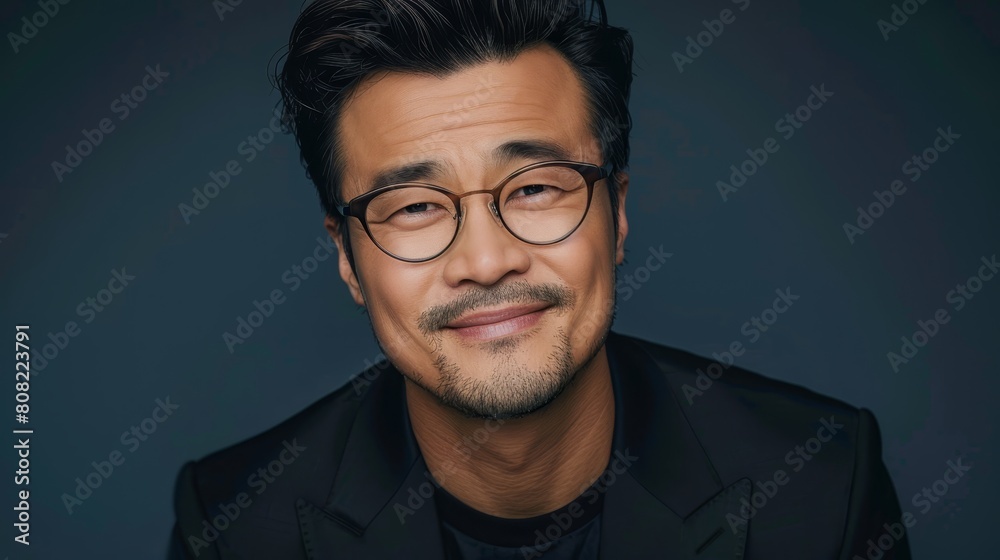 A tight shot of someone in a suit, wearing glasses, against a black backdrop Their upper body is clad in the formal attire, while a black T-shirt is visible underneath A tight shot of someone in a suit, wearing glasses, against a black backdrop Their upper body is clad in the formal attire, while a black T-shirt is visible underneath