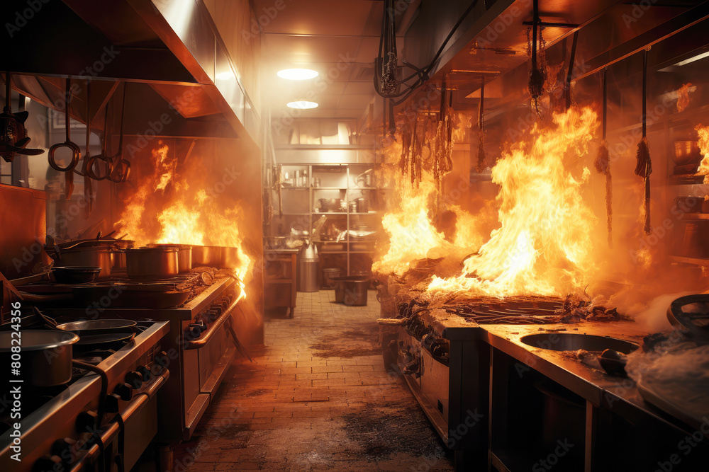 generated illustration of a large fire is raging through a kitchen.