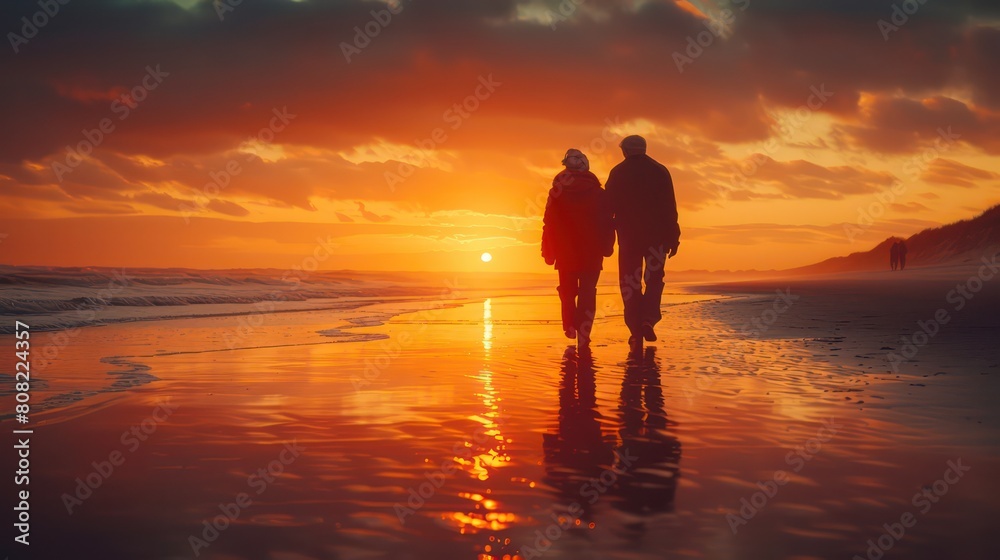 couple silhouette walking hand in hand on a beach at sunset