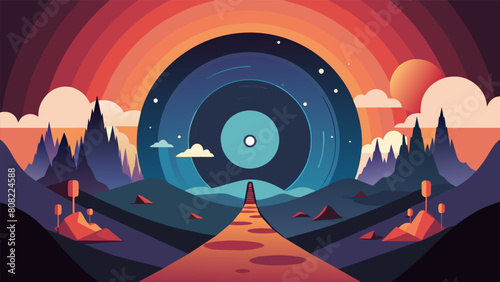 A surreal landscape unfolds from the center of a record taking the viewer on a journey through a mystifying and magical world. Vector illustration