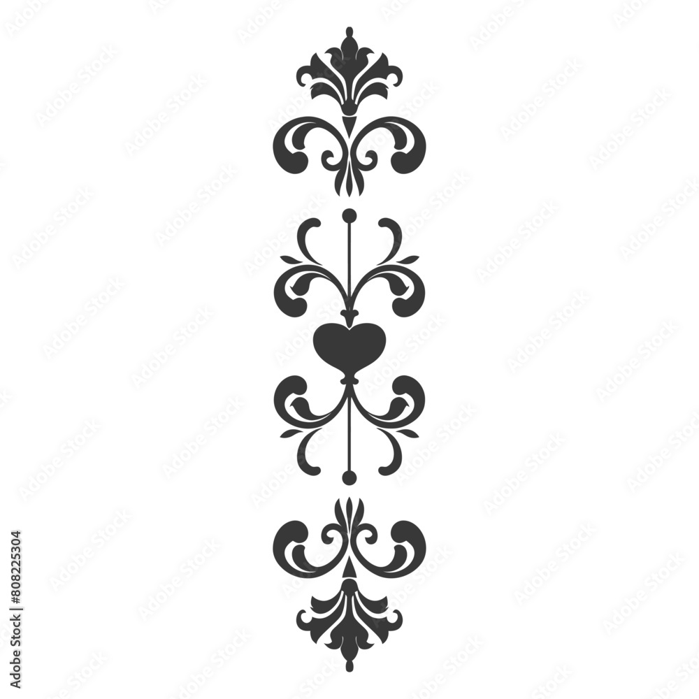 Silhouette vertical line divider with Hearth shape Baroque ornament black color only