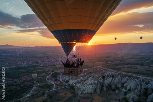 group of friends taking hot air balloon ride