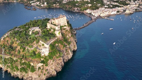 Aerial view of Ischia bridge and Aragonese castle. Ischia an island in Naples