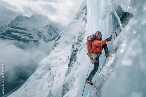 solo adventurer ice climbing a glacier with a sense of thrill