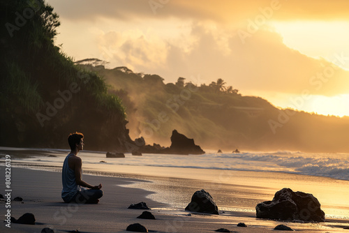 solo traveler meditating on secluded beach