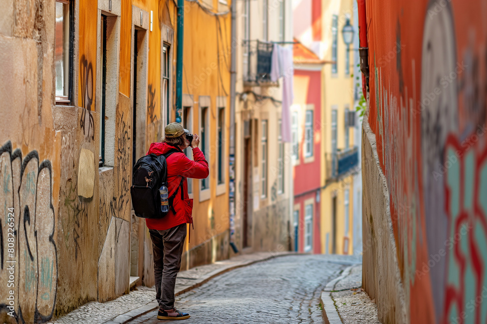 solo traveler taking photos in an old European city