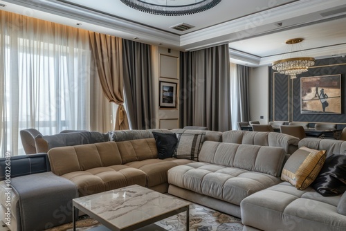 large room in a modern apartment, pastel tones, neoclassical