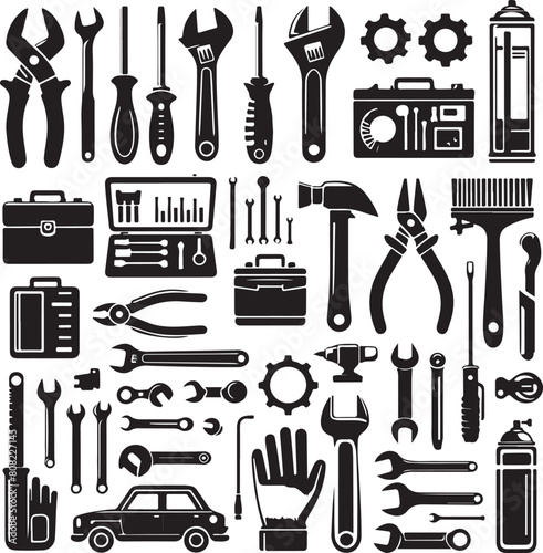 Tools and Service silhouette set black color . white color background 