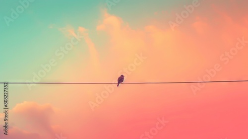 A bird perched on a wire against a vibrant sky