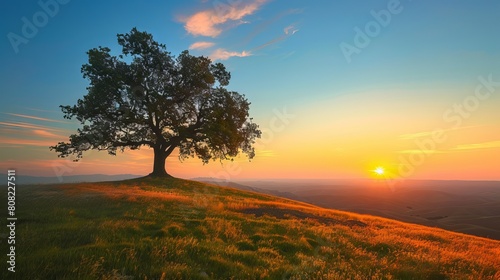 A solitary tree stands on a hill, silhouetted against a vibrant sunset sky