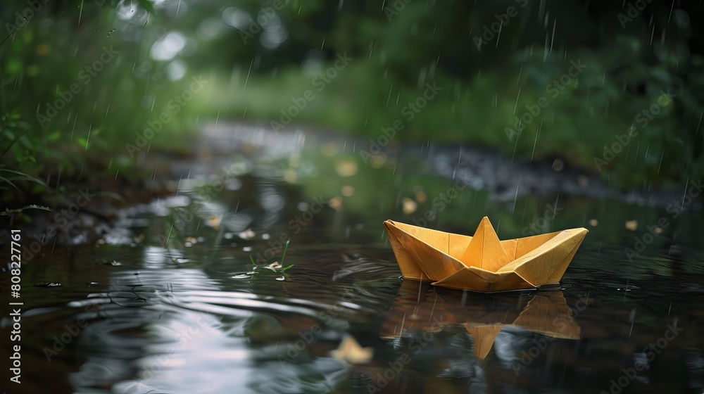 A paper boat gently floats in a water puddle, showcasing the simplicity and beauty of childhood play