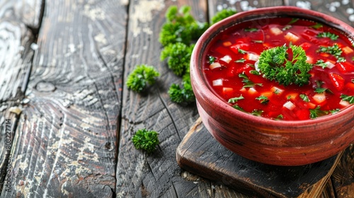   A cutting board holds a wooden table, featuring a steaming bowl of soup topped with broccoli and garnished with parsley © Mikus