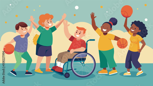 A group of individuals with autism playing a game of adapted wheelchair basketball fully engaged and enthusiastically cheering each other on.. Vector illustration