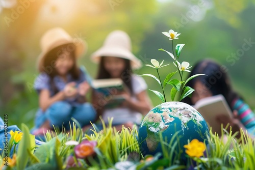 Bambine leggono un libro accanto al globo terrestre photo