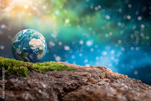 Il globo terrestre sopra un terreno arido. Sfondo con bolle d'aria bianche. Immagine fantastica per simboleggiare l'inquinamento ambientale. photo