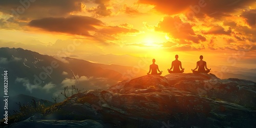 Stunning image of yoga retreat with practitioners in mountainous landscape symbolizing rejuvenation. Concept Yoga Retreat  Mountainous Landscape  Rejuvenation  Meditation  Wellness Retreat