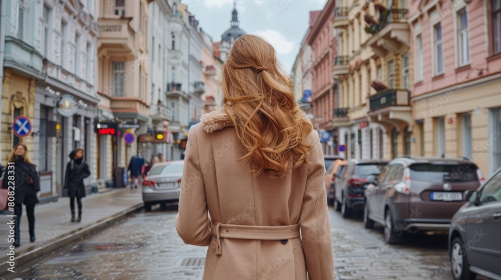 Obraz premium A woman in a tan coat walks down a cobblestone street, with cars parked on either side