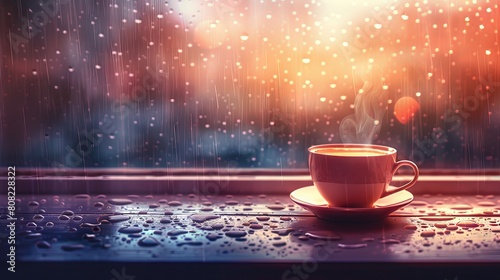 Raindrops on a window pane with a coffee cup placed next to it on a rainy day