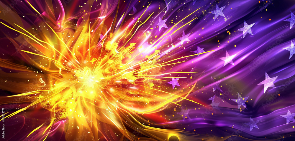 Yellow and purple electric burst casts dynamic hues over a patriotic fluid backdrop. Yellow and purple electric burst casts dynamic hues over a patriotic fluid backdrop.