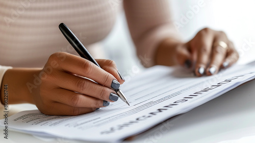 Woman fills out a form, mortgage application, contract, investment agreement or legal document photo