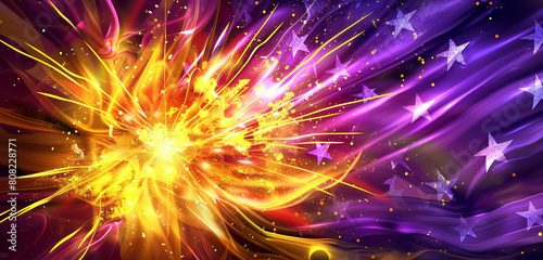 Yellow and purple electric burst casts dynamic hues over a patriotic fluid backdrop.