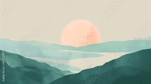  Landscape painting featuring mountains and sun