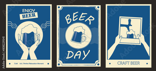 Beer poster set. vintage style. Retro poster with blue color. old school. drink and alchohol theme. Beer day. illustration for web, poster, flyer. Vector with text. stock vector