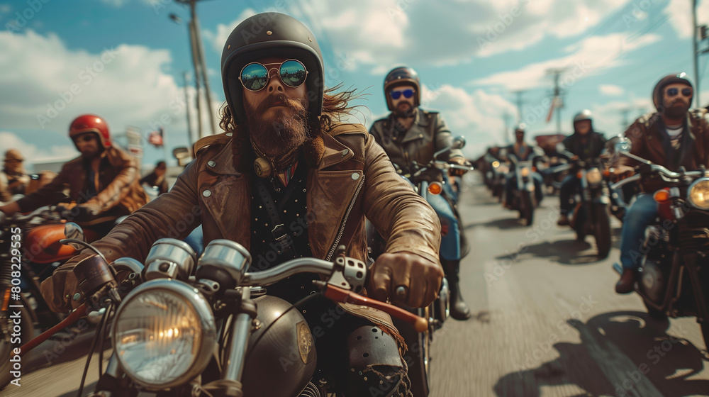 AI generated illustration of a group of bearded men on motorcycles, riding together down a street AI generated illustration of a group of bearded men on motorcycles, riding together down a street