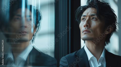 Japanese businessman looking out window in modern office, pensive thoughtful entrepreneur startup, visualizing success © WD Stockphotos