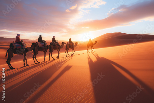 Sunset camel trek with friends in a scenic desert