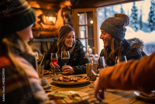 Cozy dinner gathering of friends in a rustic mountain cabin