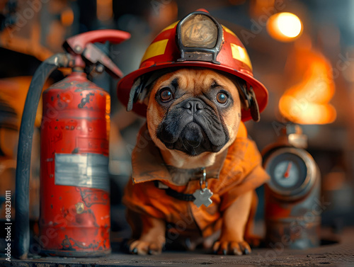 a pet wearing a firefighters helmet and sitting beside a fire extinguisher, promoting fire safety awareness on National Pet Fire Safety Day