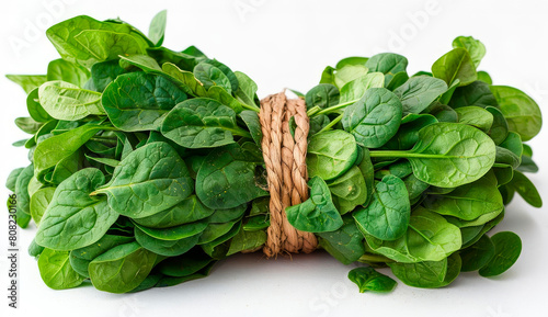 a bunch of crisp green spinach leaves against a white background, great for promoting healthy eating