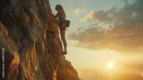 Female rock climber ascending a cliff during a breathtaking sunset © Iona