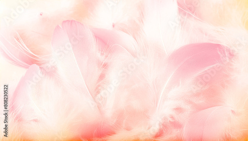 Abstract, elegant fluffy feathers. Three-dimensional background in shades of dirty pink and orange.
