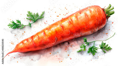 illustration watercolor of a plump orange carrot, on a white background, great for organic vegetable packaging