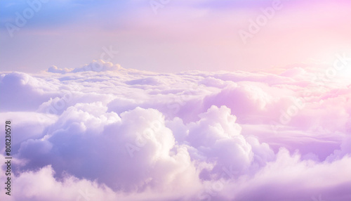 Abstract, elegant fluffy clouds with the sun shining through. Three-dimensional background in shades of purple. © Malgorzata