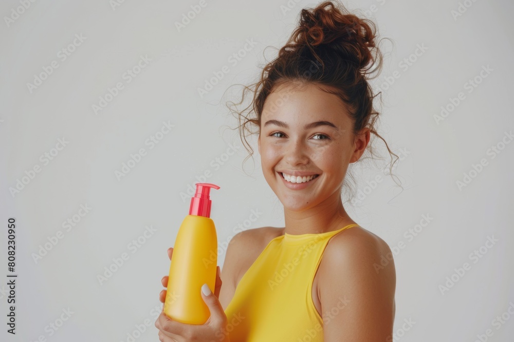 Happy young woman holding a yellow sunscreen bottle, wearing a yellow swimsuit, isolated on a light background Happy young woman holding a yellow sunscreen bottle, wearing a yellow swimsuit, isolated on a light background